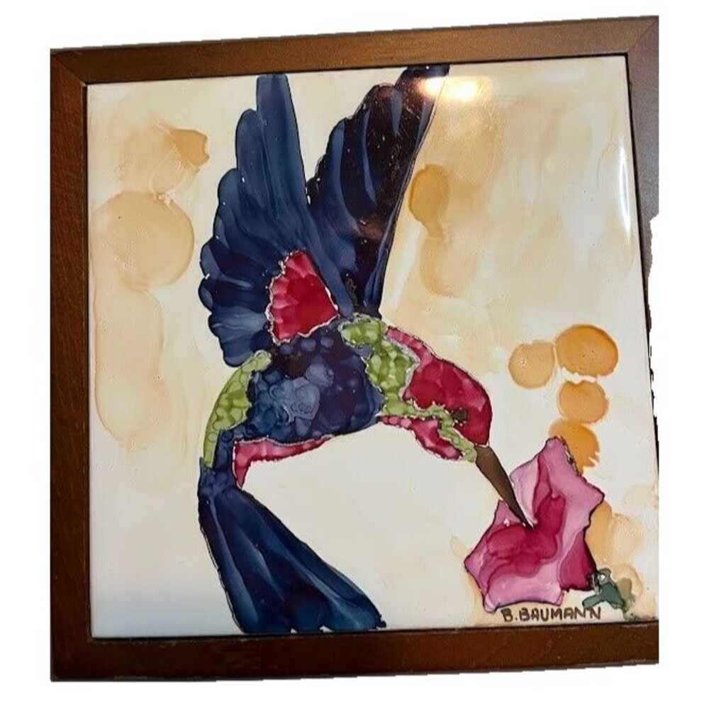 Beautiful Painted  B. Baumann Blue Hummingbird & Pink Flower Framed Tile 7"x 7"